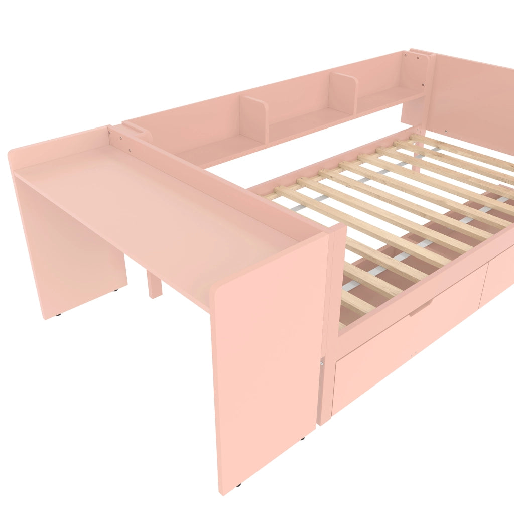 DESMIU Letto combinato letto singolo 1 posto con scrivania, 2 cassetti e 3 ripiani, 90 × 200 cm, senza materasso, rosa