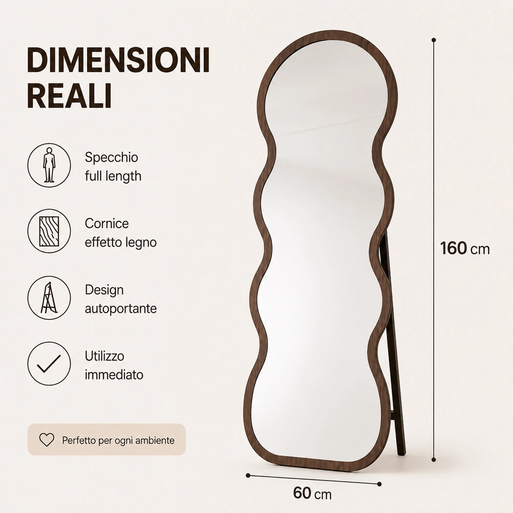 Specchio Ondulato Rovere Autoportante Struttura in Legno Design Moderno 160x60cm