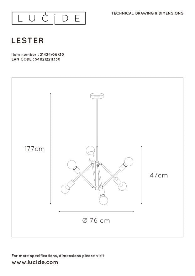 Lucide Lester lampadario nero 6xE27 dimmerabile max 40W