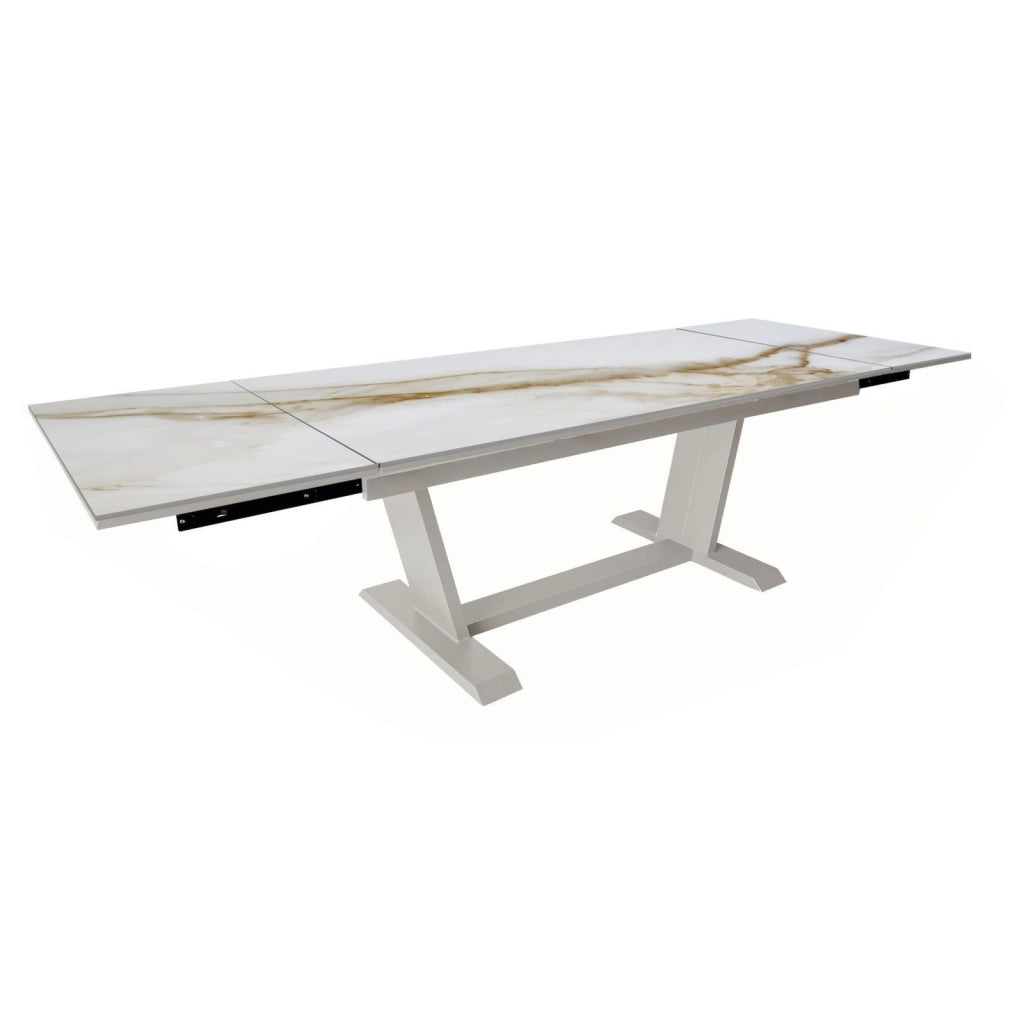 SINED Tavolo da Giardino Allungabile 180-280 cm in Alluminio Verniciato e Piano in Ceramica Effetto Travertino Colore Crema-Travertino TAVOLO-GIARDINO-180-280-TRAVERTINO