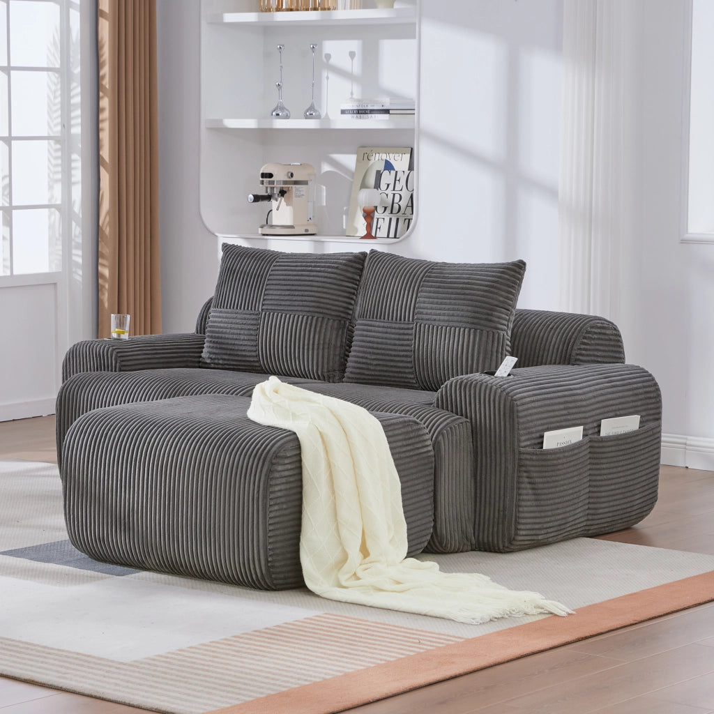 Divano Modulare 2 Posti con Portabicchieri e Tasca Laterale in Velluto a Coste Grigio Scuro 200 × 174 × 80 cm