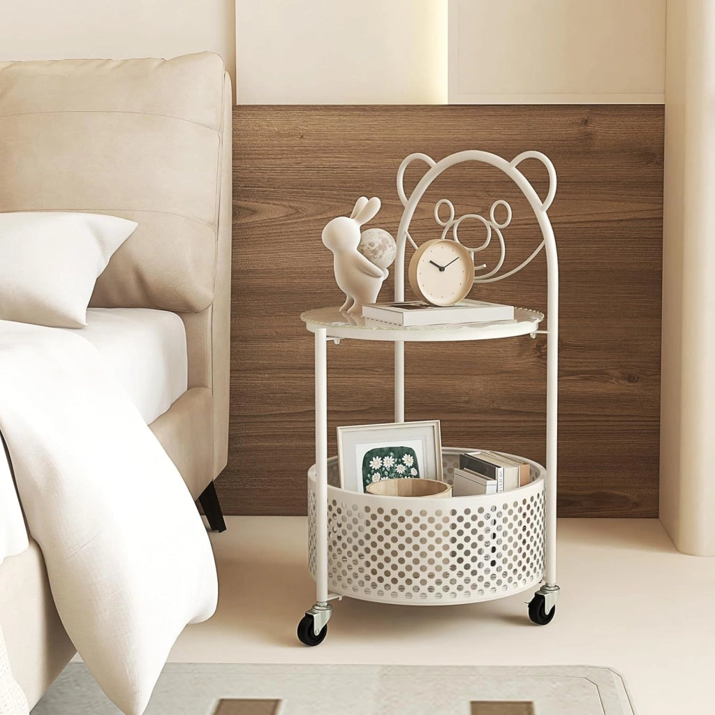 Tavolino Rotondo a 2 Livelli, 71 cm, Mobile con Piano in Vetro Temperato, Cestino Portaoggetti in Metallo, 3 Ruote, Design Carino, Adatto per Soggiorno, Ufficio, Camera daLetto, 2 Colori