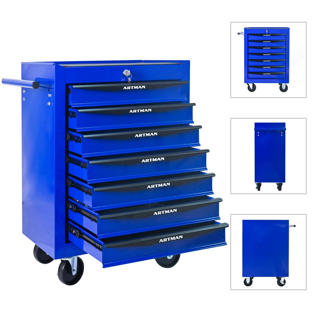Cassettiera con ruote in acciaio con 7 cassetti e guide a sfere per garage e officina nero e blu 60 × 33 × 77,5 cm