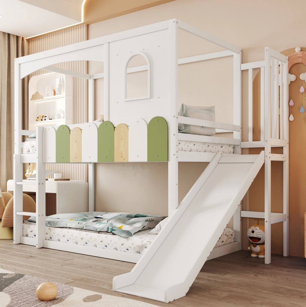 Letto a soppalco per bambini 90x200 cm con scivolo e scala; pino; compensato e MDF; bianco