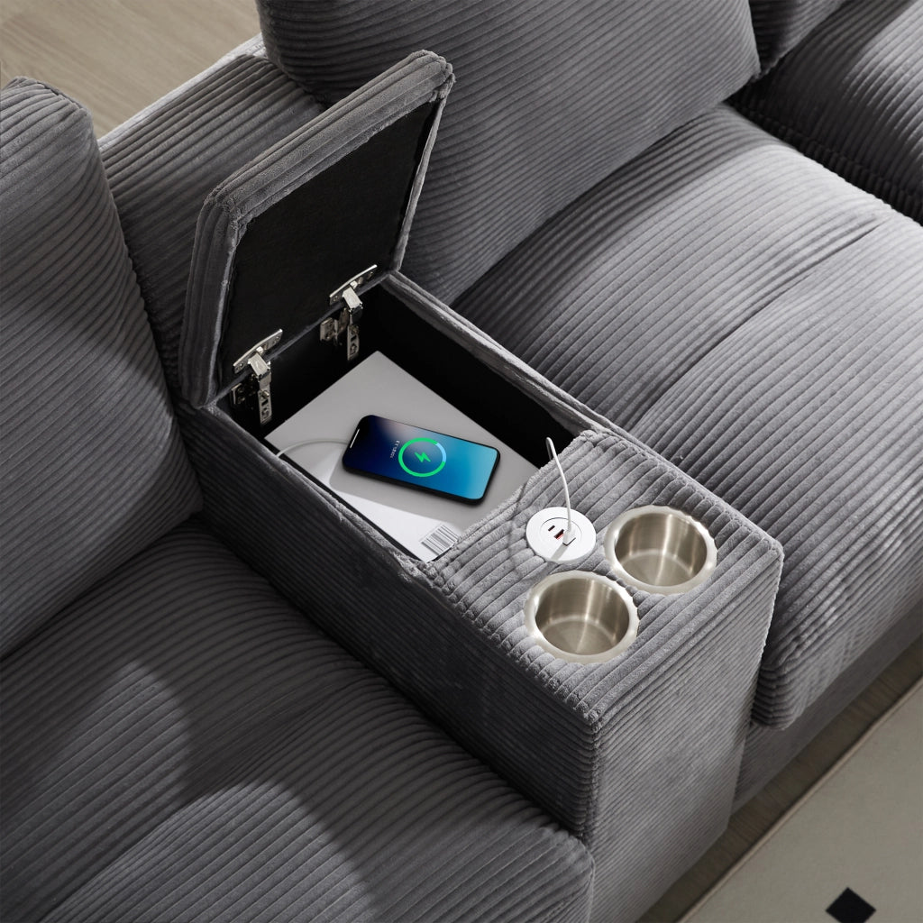 Divano ad angolo a U 4-5 posti con contenitore e porte USB, portabicchiere, in velluto a coste, Grigio 293 × 142 × 93 cm