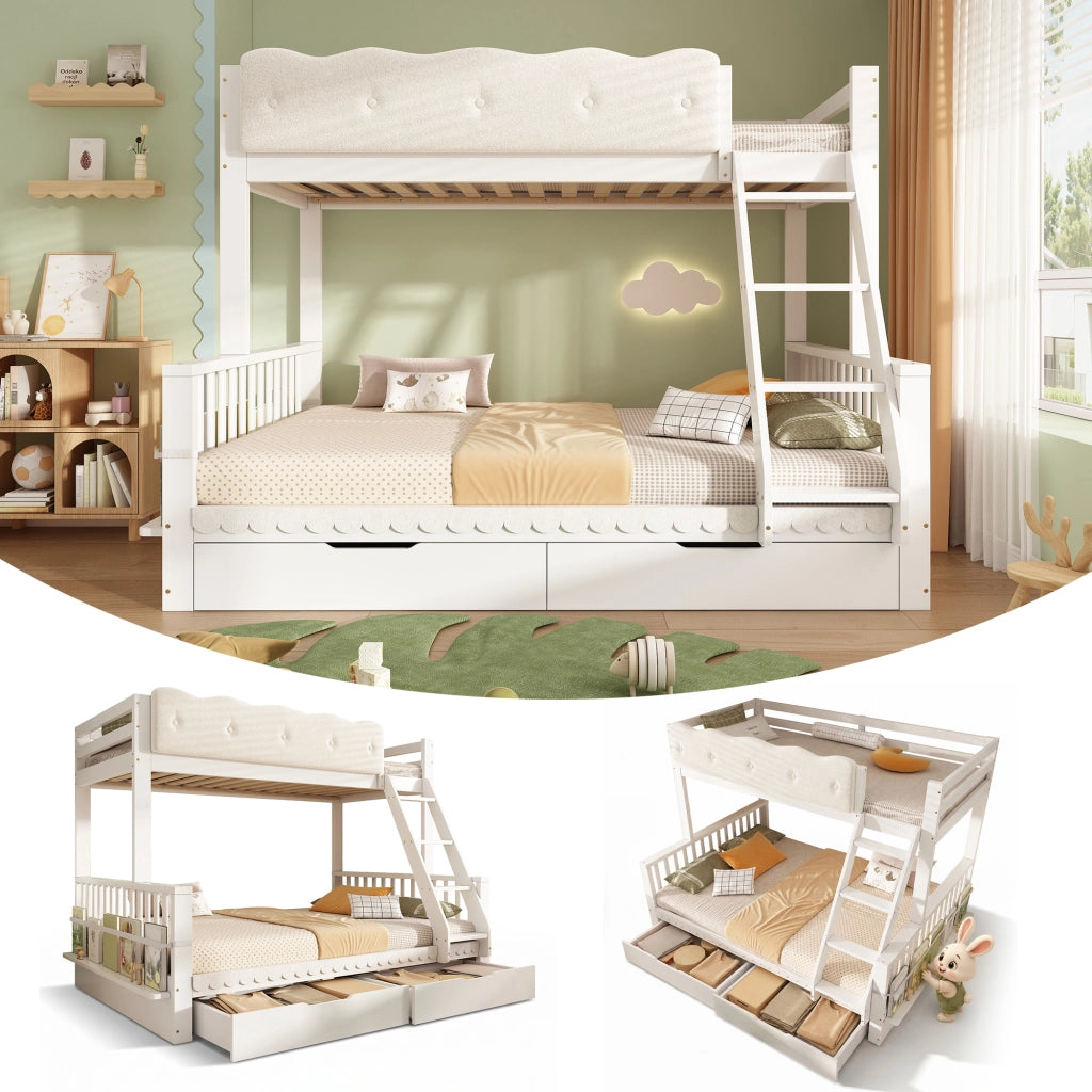 LETTO a castello 90x200/140x200 cm in legno bianco con cassetti e portariviste