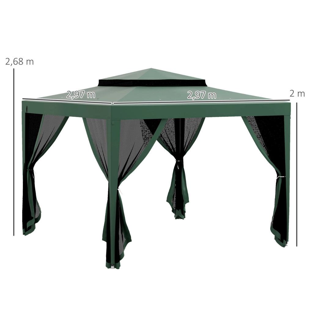Gazebo da giardino 3x3 m ¨C Minimal ¨C verde con 4 zanzariere laterali e tetto doppio