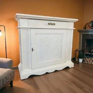 Credenza madia Alberta in legno 1 anta con rilievo 1 cassetto bianco anticato