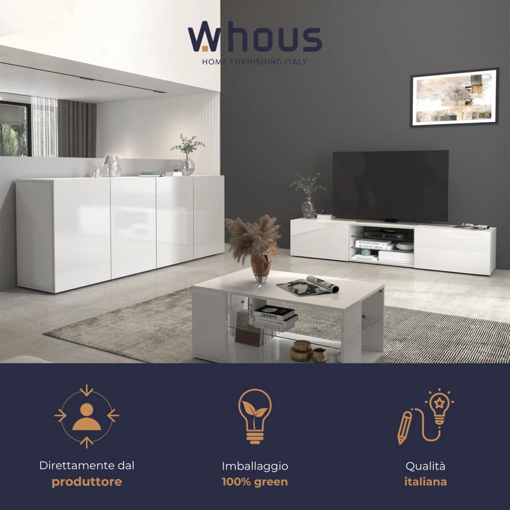 WHOUS Credenza Egypt a 4 ante e 4 vani bianco lucido 180x38x70 cm