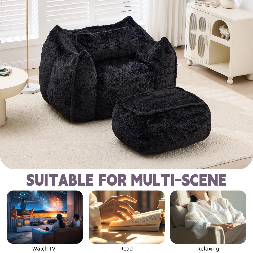 POLTRONA SACCO in Faux Fur Nera con Poggiapiedi