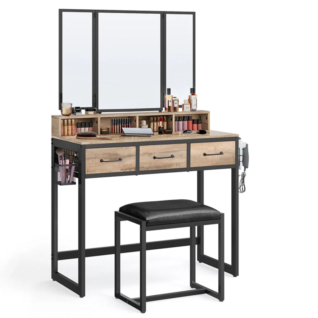 Set da toeletta con sgabello 40 x 90 x 141 cm imbottito con triplo specchio 3 cassetti portaphon e contenitore portaoggetti. Stile industriale marrone rustico e nero. 12_0005420