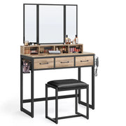 Set da toeletta con sgabello 40 x 90 x 141 cm imbottito con triplo specchio 3 cassetti portaphon e contenitore portaoggetti. Stile industriale marrone rustico e nero. 12_0005420