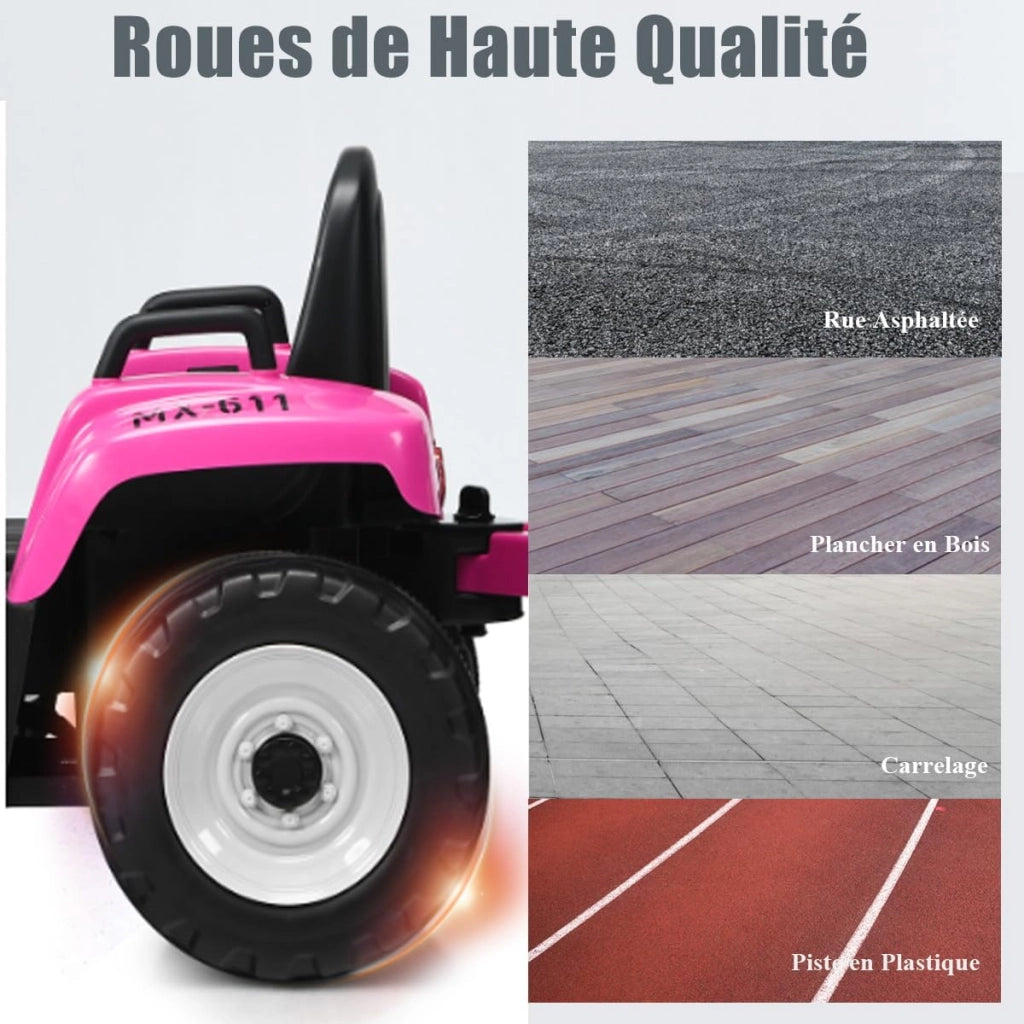 Trattore Elettrico per Bambini 12V con Rimorchio Rimovibile, Trattore Cavalcabile con Telecomando e Pedale Acceleratore, Veicolo con Multimedia, Clacson e Luci, Carico 30 kg (Rosa)