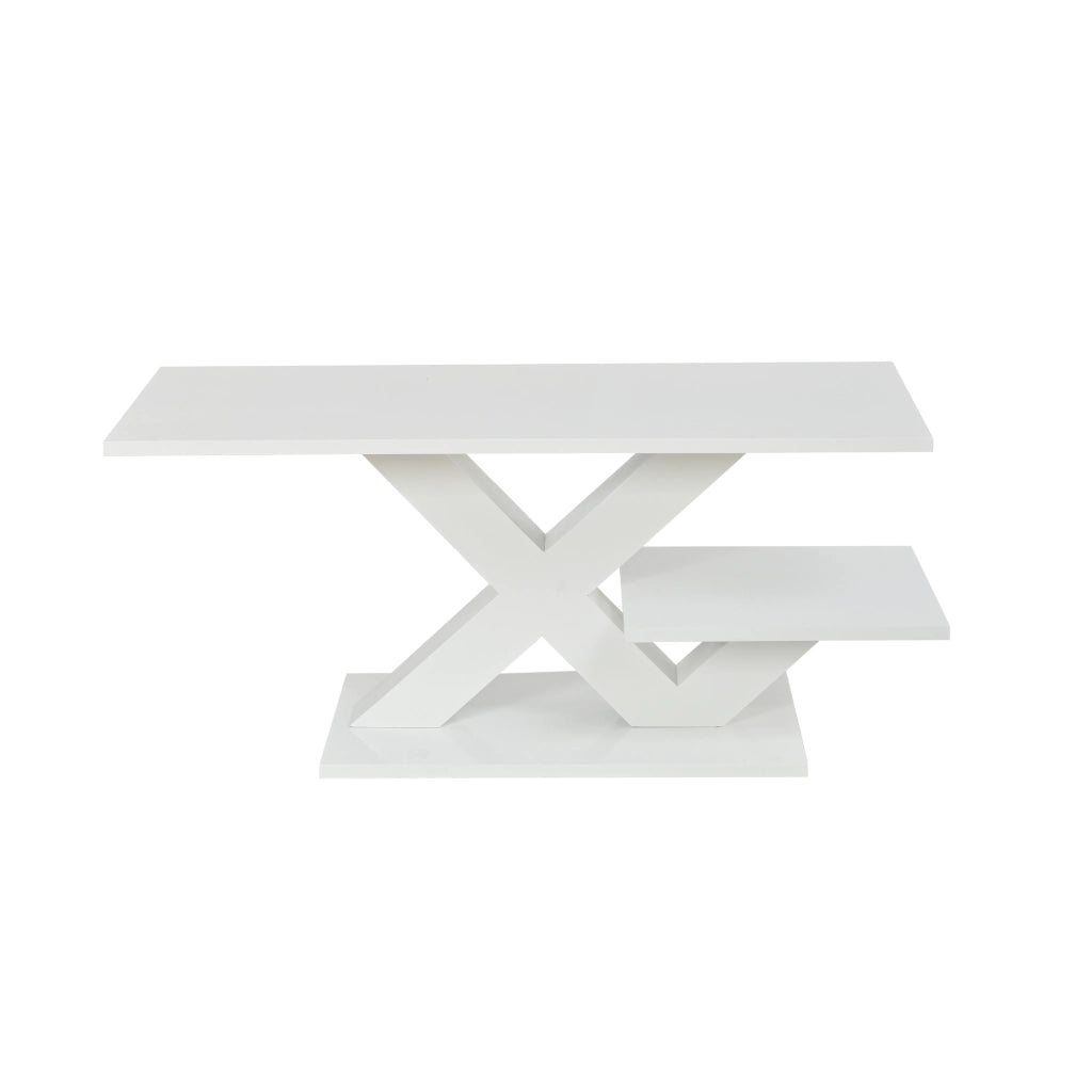 Tavolino da salotto rettangolare bianco lucido 100 x 48 x 45 cm, in MDF, struttura a X, portata fino a 10 kg