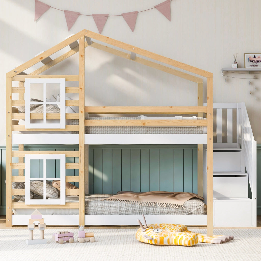 Letto a castello 90x200 cm con contenitore; casetta sull'albero; legno e MDF naturale e bianco