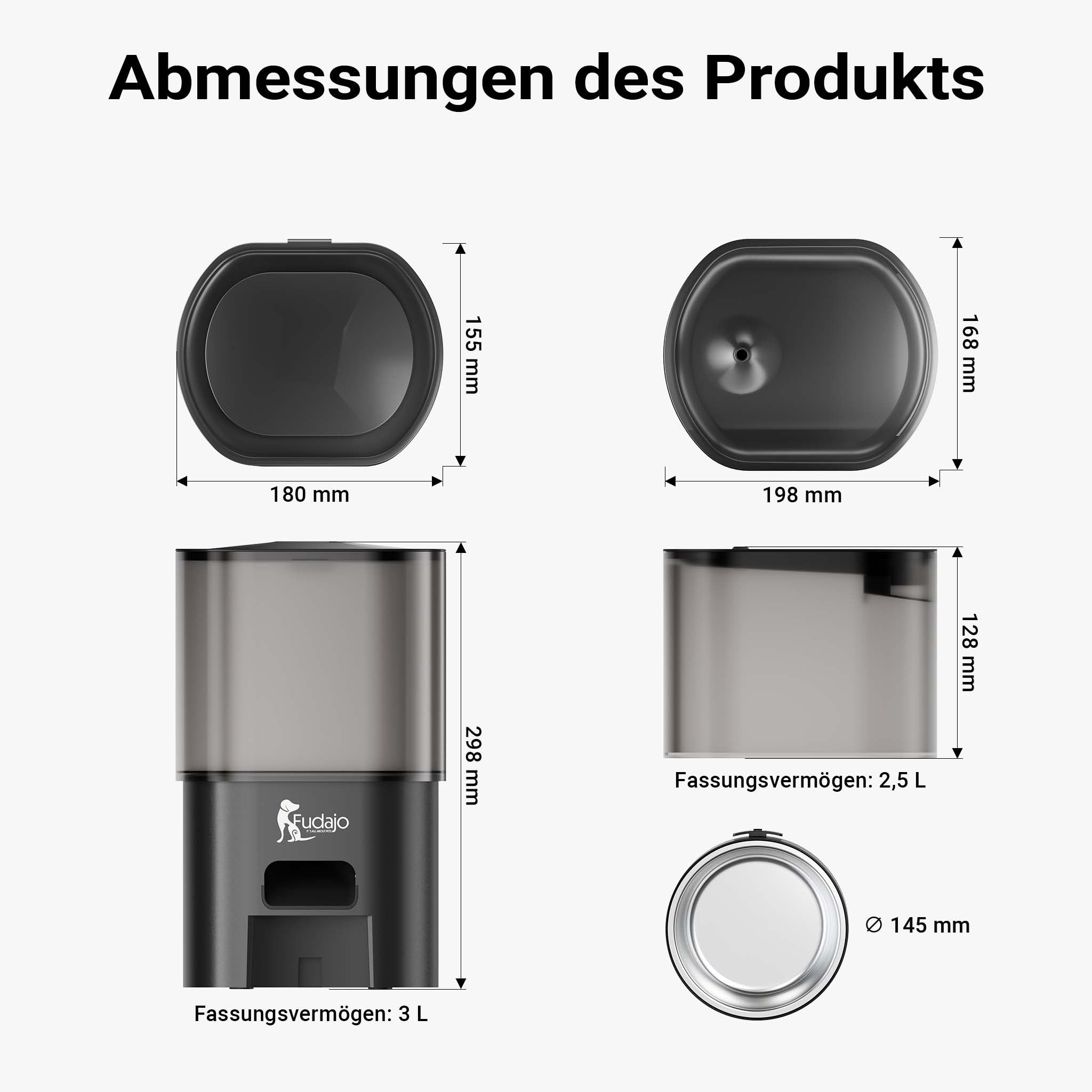 Fudajo Mangiatoia e abbeveratoio automatico per cani e gatti, distributore automatico di cibo da 3 litri e abbeveratoio da 2,5 litri, controllo mangime via app, colore nero