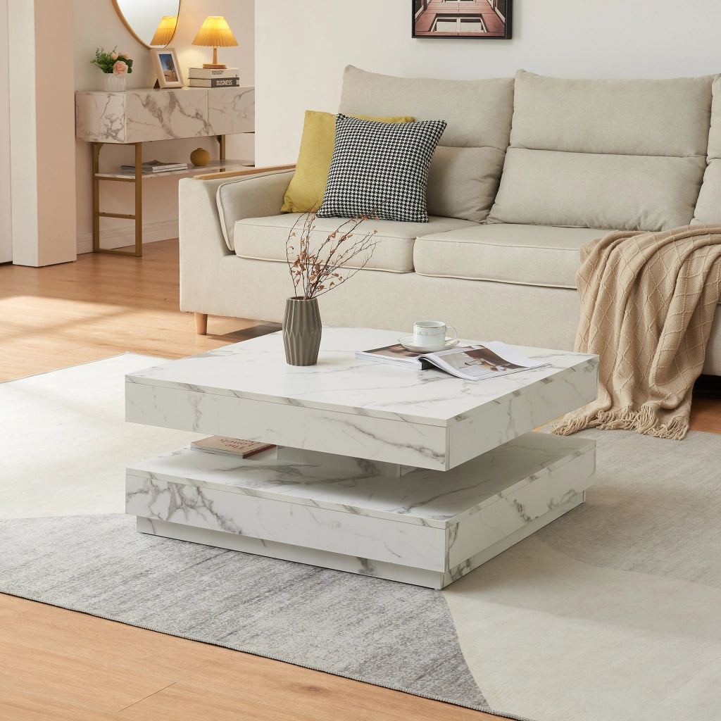 Tavolino da Caffè Florenz con Piano Girevole per Salotto Soggiorno 76 x 76 x 38 cm - Effetto Marmo Bianco [en.casa]