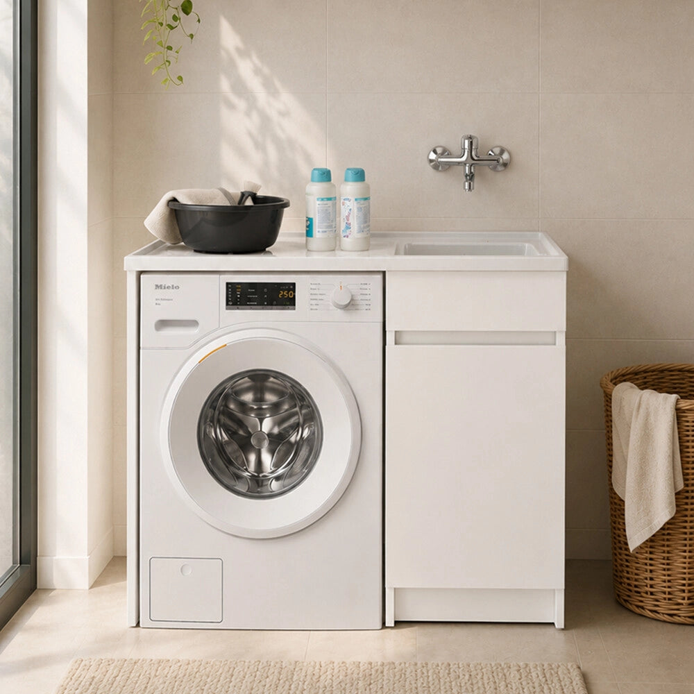 Mobile lavatoio 106x50 bianco con coprilavatrice e vasca e kit di scarico