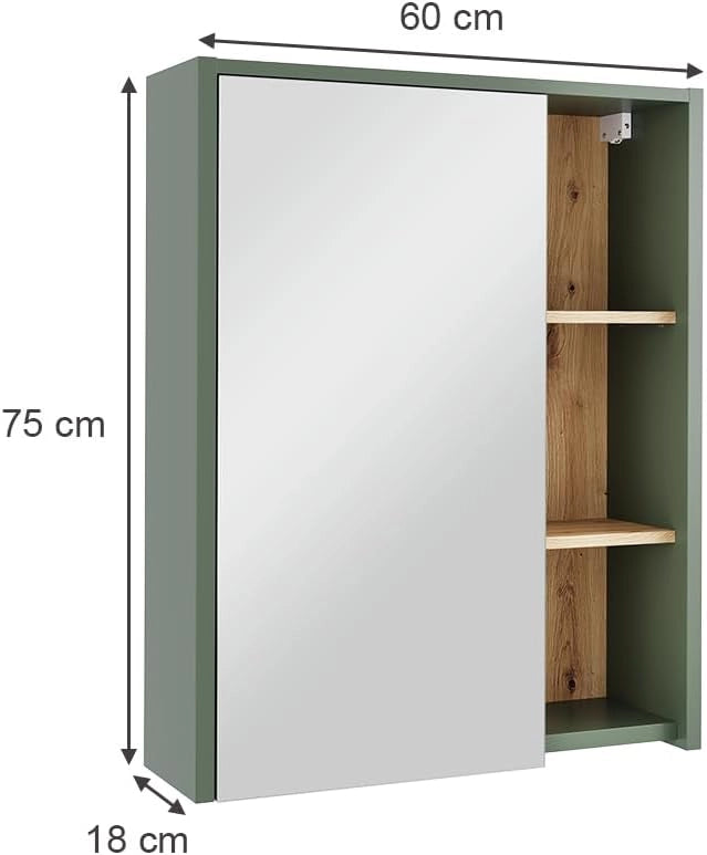 Mobile a specchio per bagno Viola, Verde/Artigianale, 60 x 75 cm con ripiani aperti, adatto al montaggio a parete per l'uso in bagno