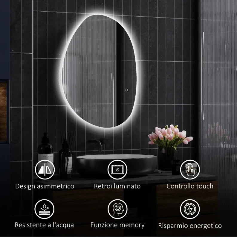 Specchio da bagno LED regolabile in vetro temperato 80x60x5 cm, argento