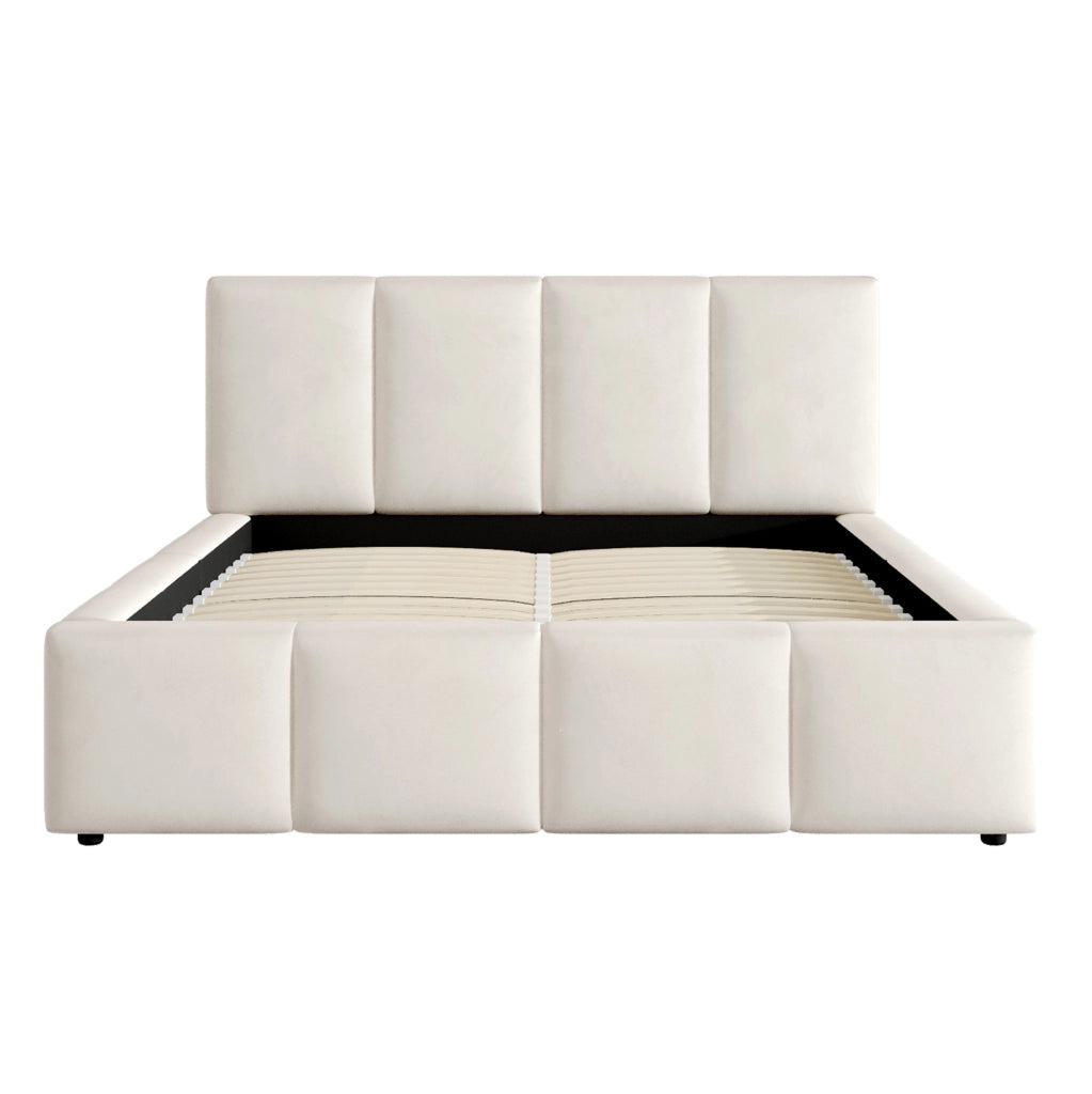 Letto matrimoniale imbottito 180x200 cm in chenille beige con testiera e rete a doghe