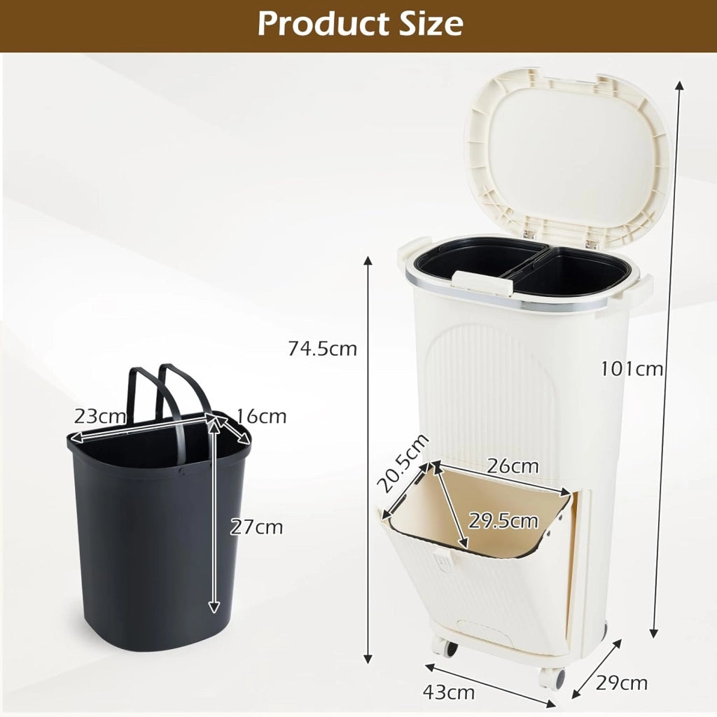 Pattumiera da cucina a 3 scomparti, 38 l, pattumiera con ruote, pattumiera a pedale con coperchio, pedale e manico, a doppio piano, in plastica, sistema di raccolta differenziata della
