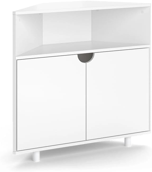 Credenza Inaro, Bianco, 79 x 96 cm con 4 scomparti, adatto per essere riposto in modo salvaspazio negli angoli della stanza
