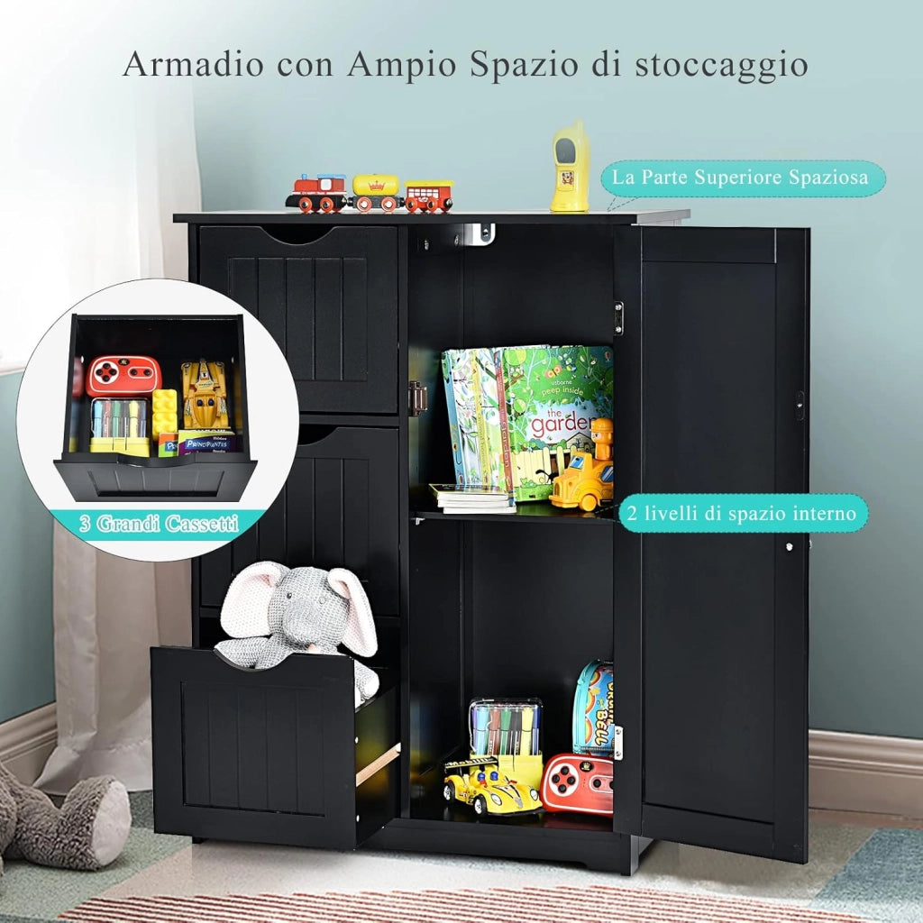 Mobile da Bagno, Mobile da Terra con 3 Cassetti e Anta, Ripiano Regolabile, per Bagno, Camera da Letto, Salotto, Cucina, 60x 30x 81cm (Nero)