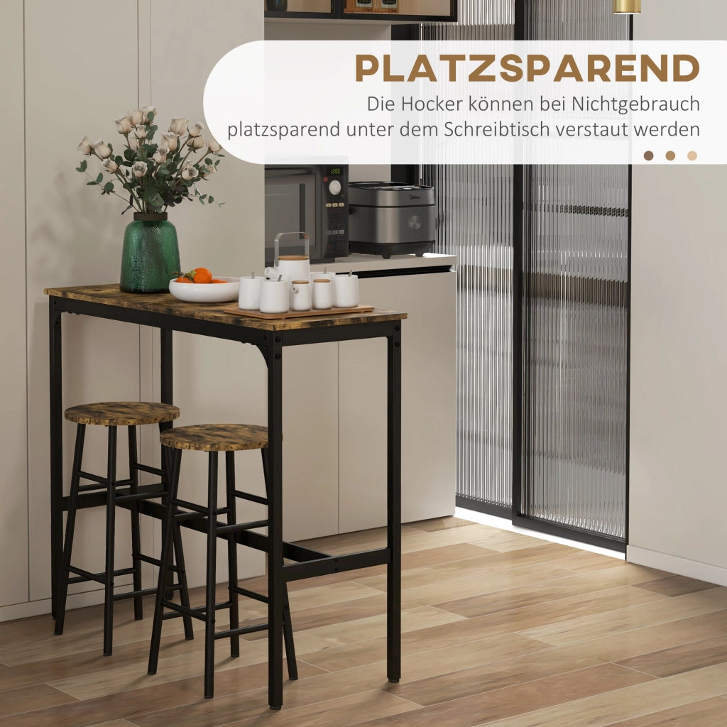 Set bar 3 pezzi con tavolo alto e 2 sgabelli salvaspazio con poggiapiedi struttura stabile in acciaio e MDF marrone