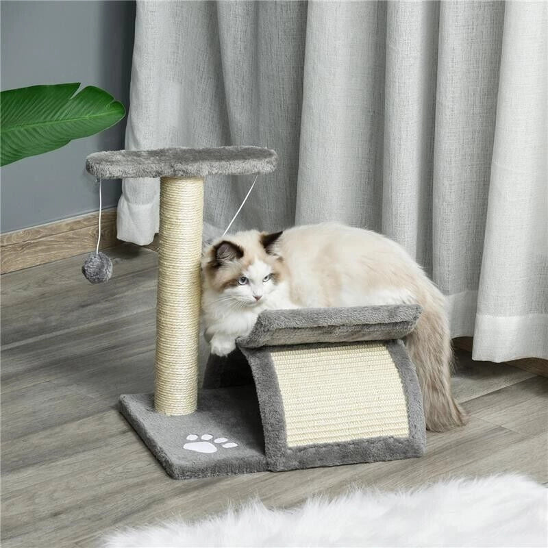 ALBERO TIRAGRAFFI PER GATTI IN PELUCHE CON PALO IN SISAL, CUCCIA E 2 PALLINE, 40X30X43CM, GRIGIO