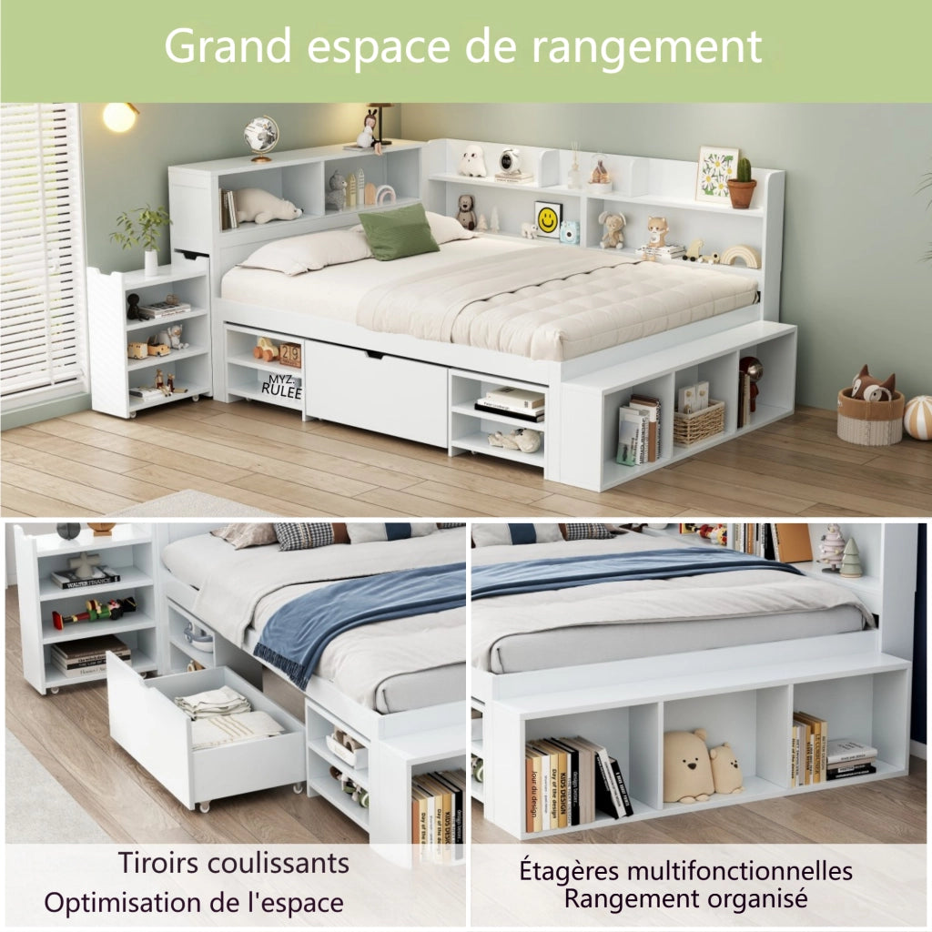 Letto per Bambini 140x190 cm; Letto Singolo con Cassetti e Ripiani; Compensato Bianco