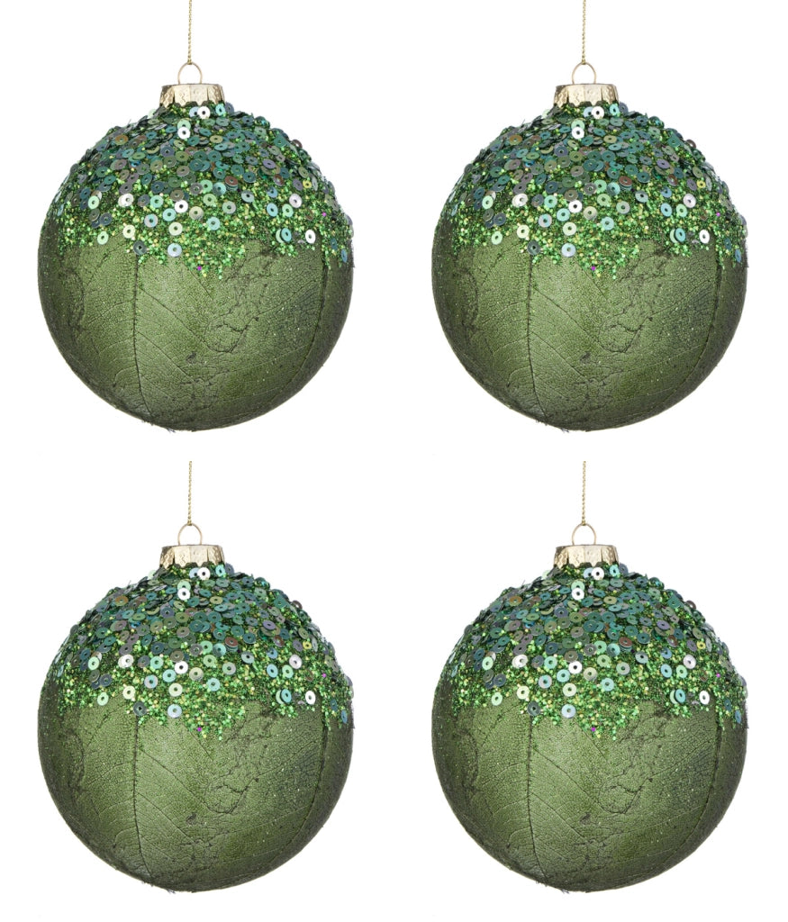 Palline di Natale in Vetro Verdi Paillettes Decorazioni Addobbi Albero Aileen Diametro: 100 mm