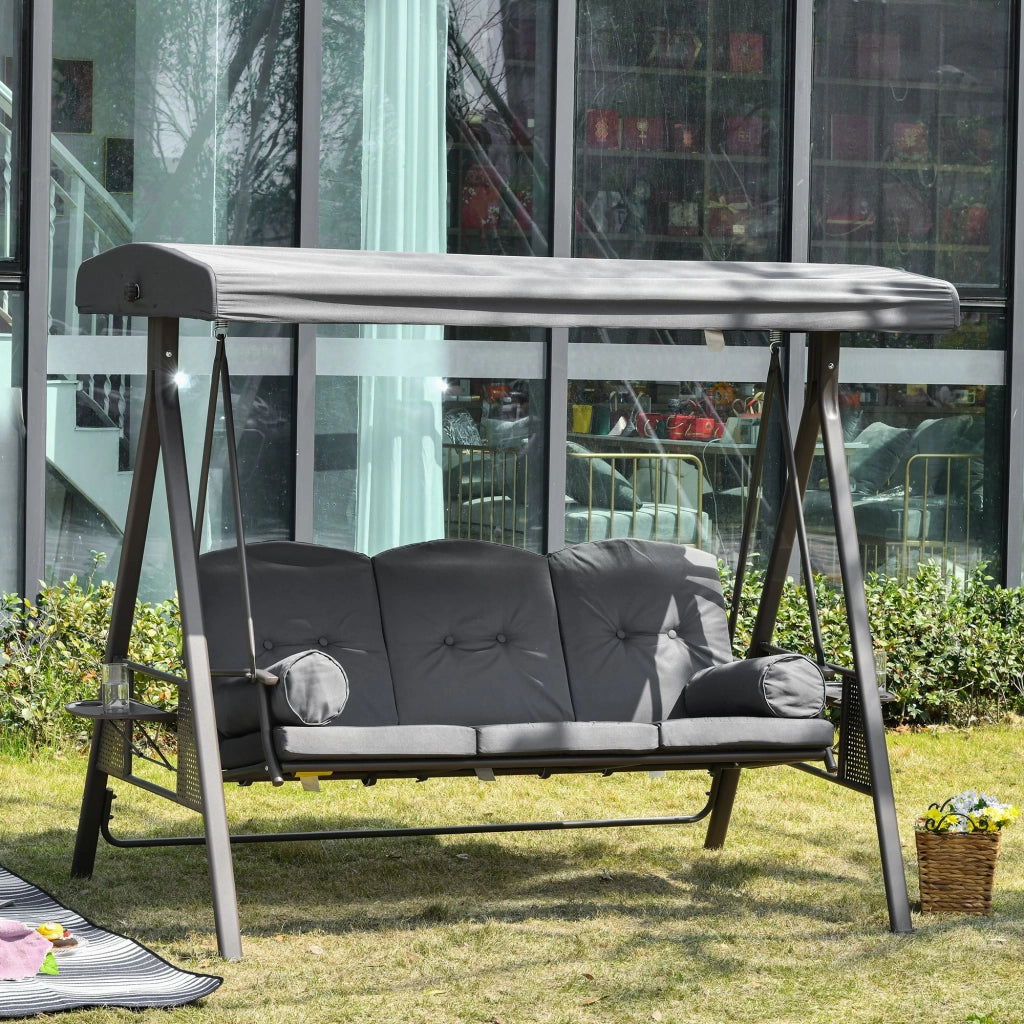 Dondolo da Giardino 3 Posti 208x120x172 cm Tetto Regolabile Portabicchieri e Cuscini Grigio