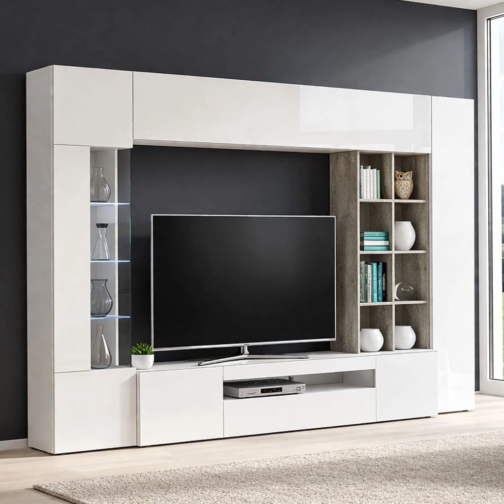Mobile Soggiorno Andy, Parete Attrezzata 20 Ripiani Made in Italy, 290x40x192h cm Bianco Lucido