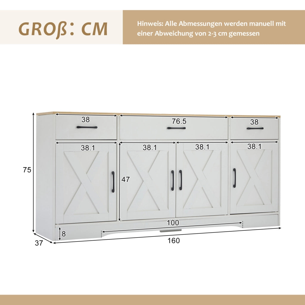 Credenza 160x37x75 cm bianca in MDF, 3 cassetti e 4 ante