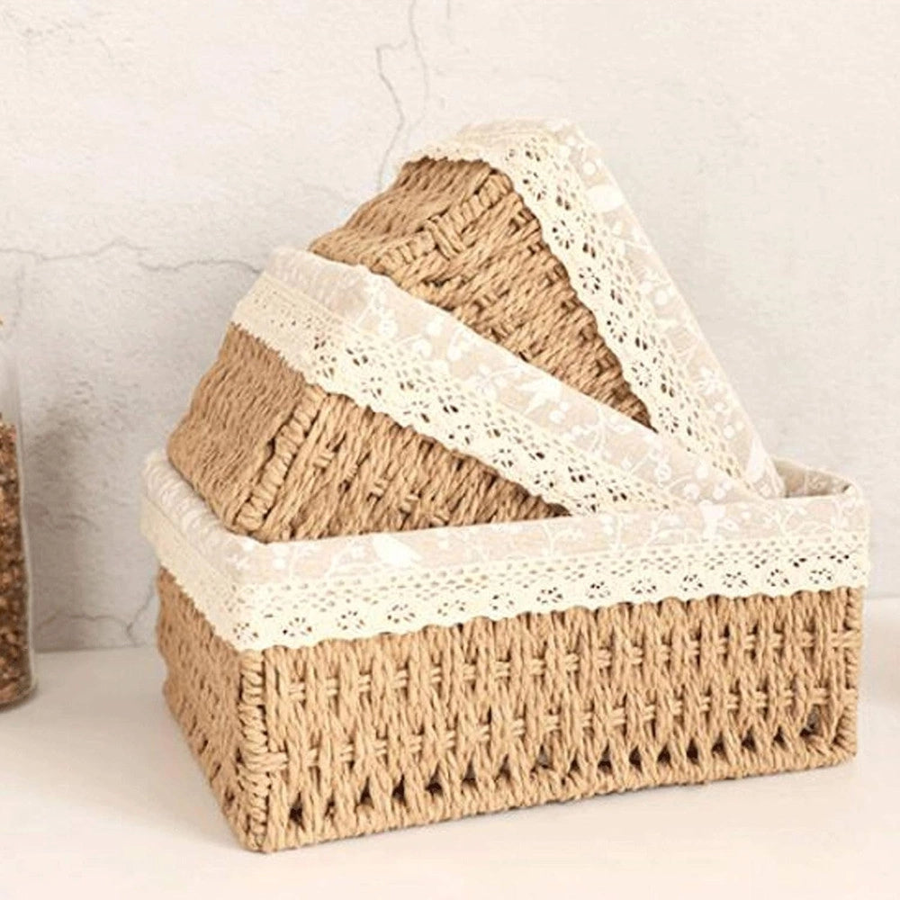 Trade Shop - Set 3 Pz Porta Oggetti Organizer Cestino Intrecciato Con Fodera In Tessuto 79158 -