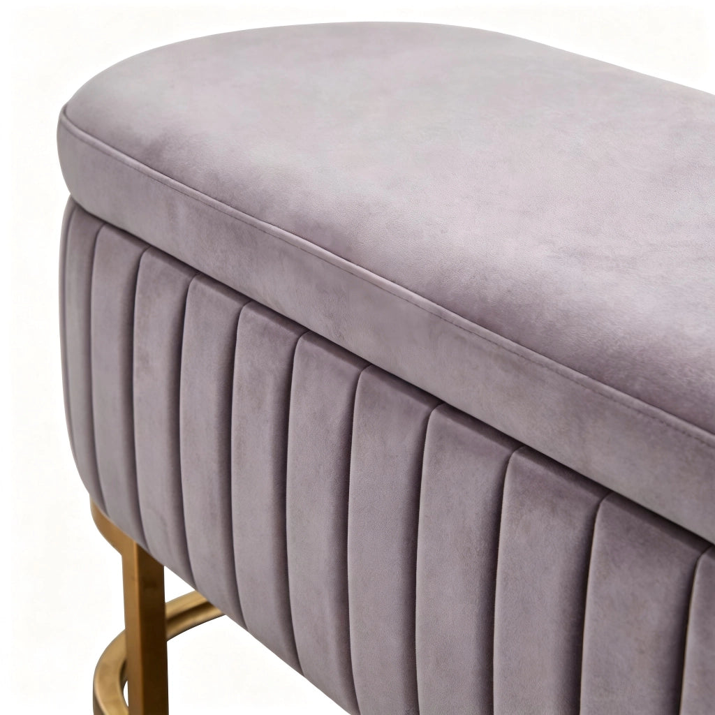 Panca da letto con contenitore in velluto, gambe in metallo dorato e trapuntatura verticale, rosa 130 cm