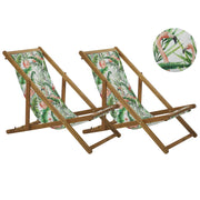 Set di 2 sedie a sdraio da giardino con struttura in legno di acacia chiaro motivo fenicottero in tessuto amaca sedile reclinabile