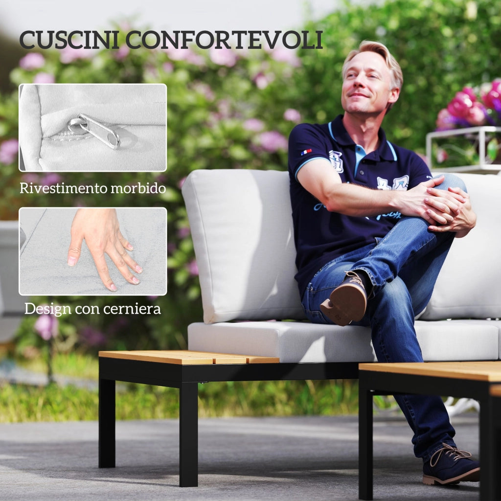 Set da Giardino 4 Pezzi con 2 Divanetti 2 Posti e 2 Tavolini in Metallo e Legno Composito, Grigio Nero e Teak