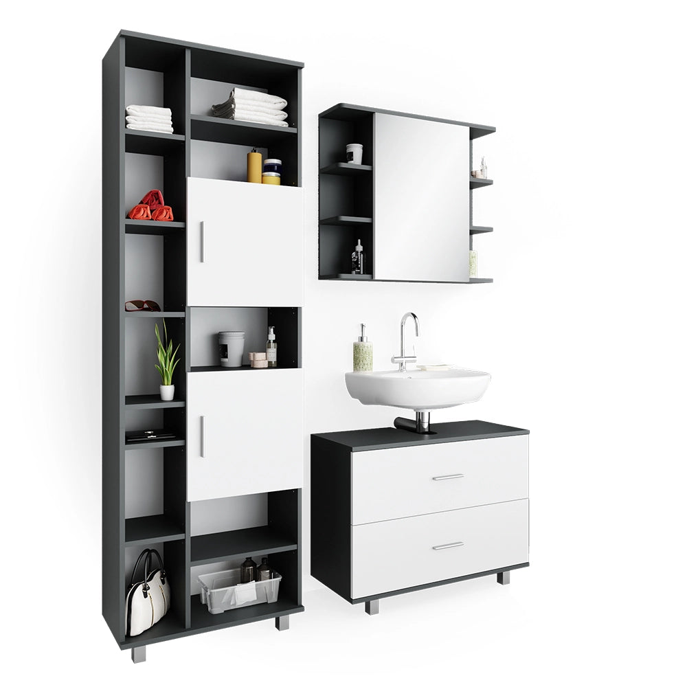Vicco Set mobili bagno Bianco/antracite 3 parti, con colonna