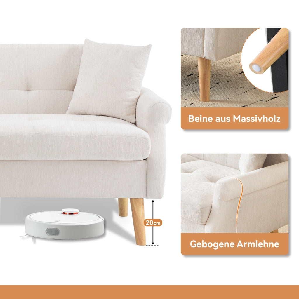 Divano 2 Posti con Cuscini Spessi e Braccioli Ergonomici in Ciniglia Beige 162 × 74 × 77 cm