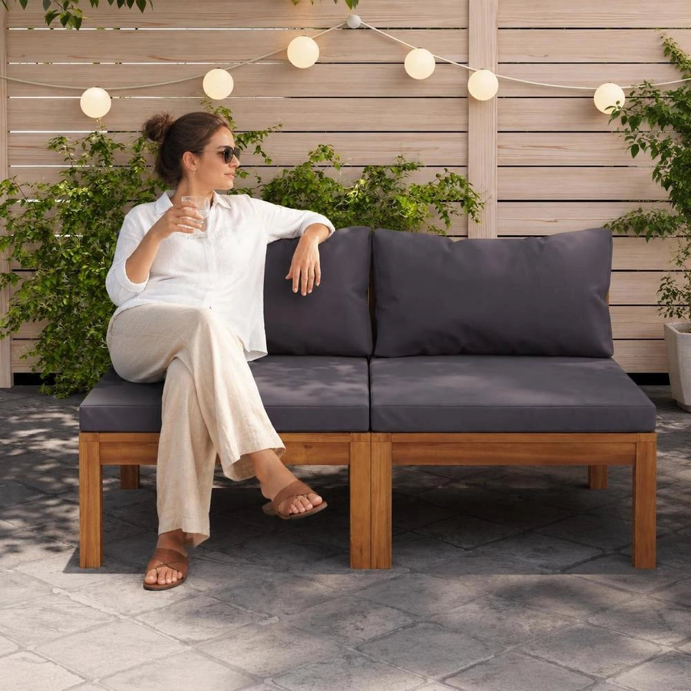 Modular Center Sofa With Dark Grey Cushions, Solid Acacia Wood