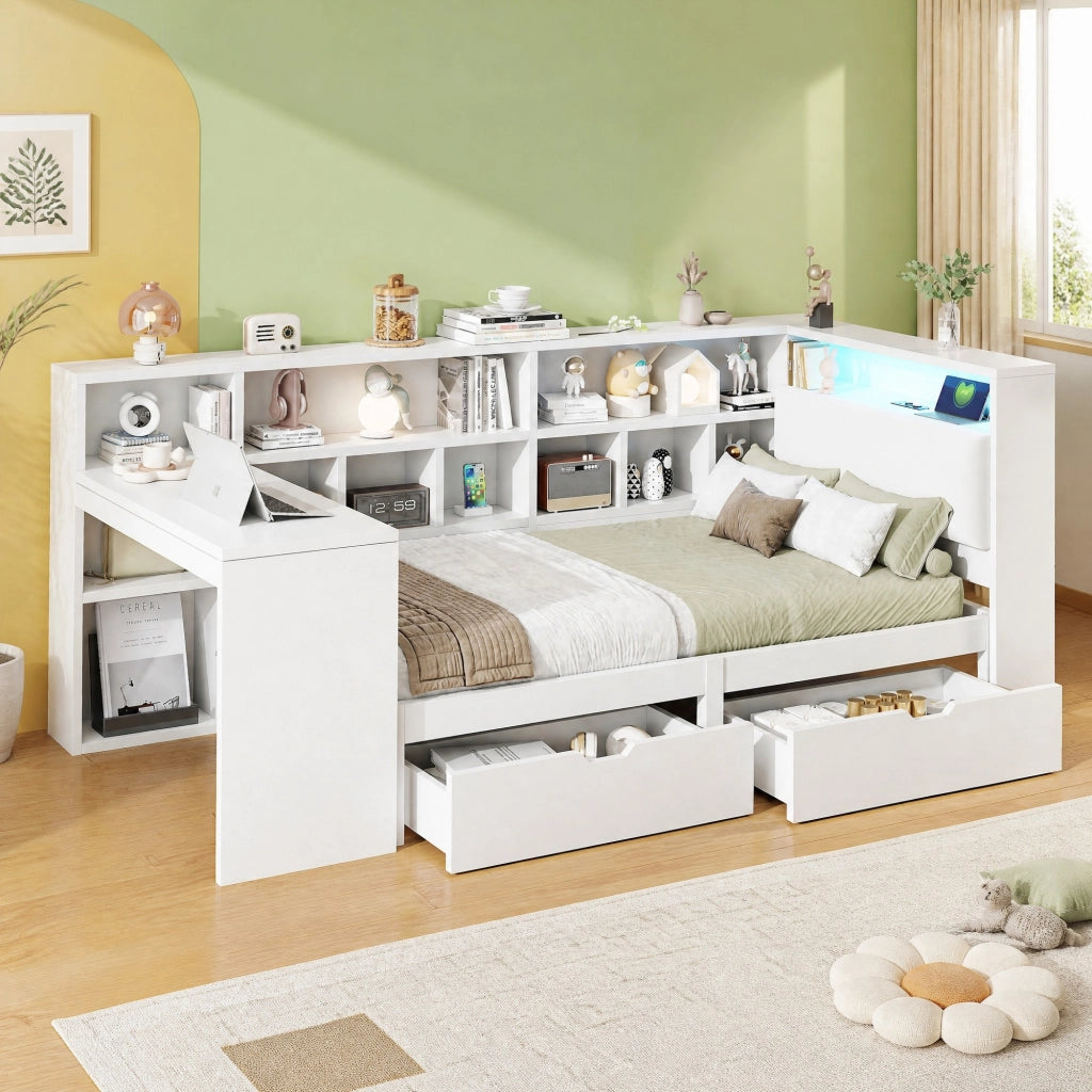 Letto singolo 90x200 con scrivania, libreria, LED e USB