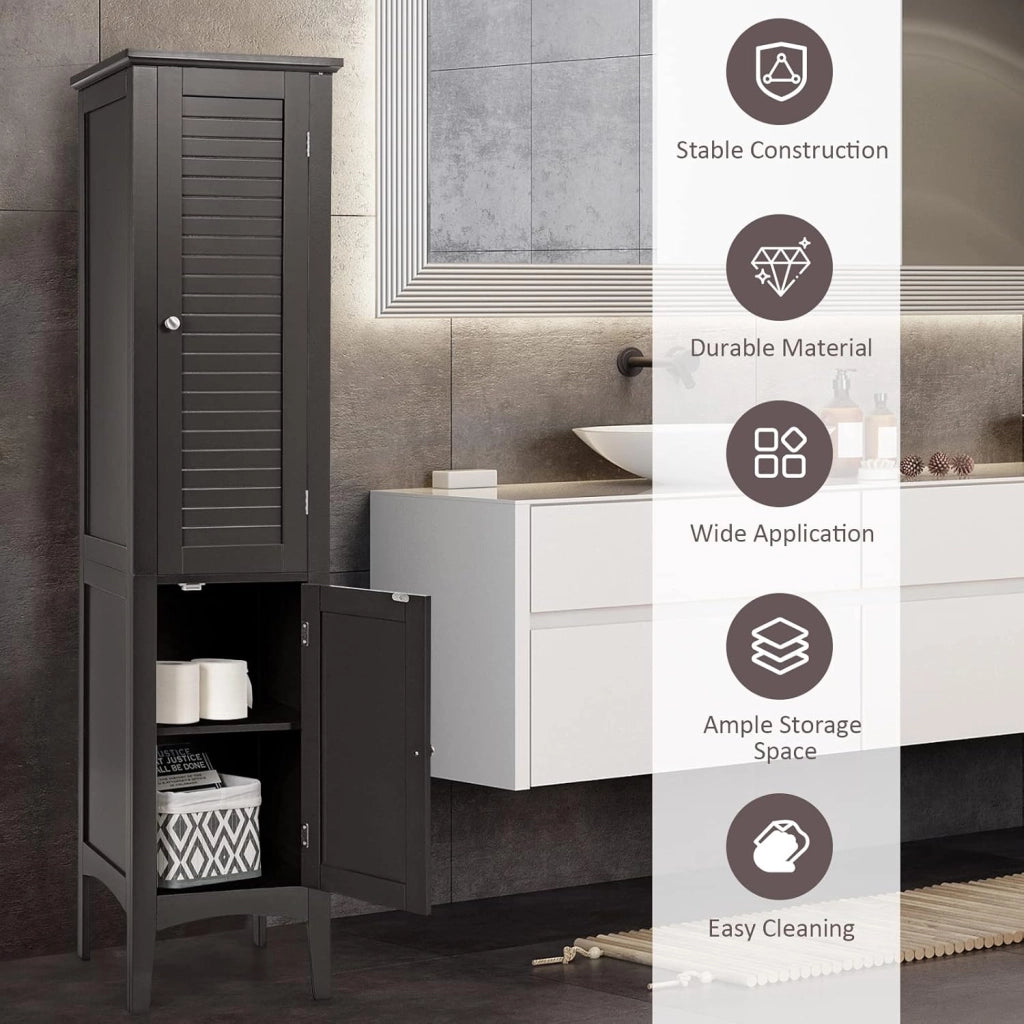 Mobile da bagno alto a 5 livelli, armadio bagno su base con 2 ante, dispositivo antiribaltamento, mobile portaoggetti per cucina, soggiorno, 38 x 38 x 160 cm (marrone)