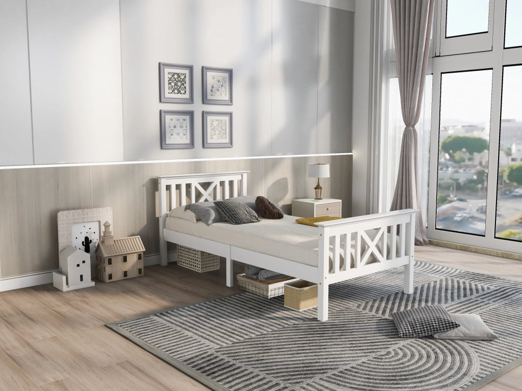 DESMIU Letto singolo 1 posto con 2 cassetti, testiera a X e doghe integrate, 90 × 200 cm, senza materasso