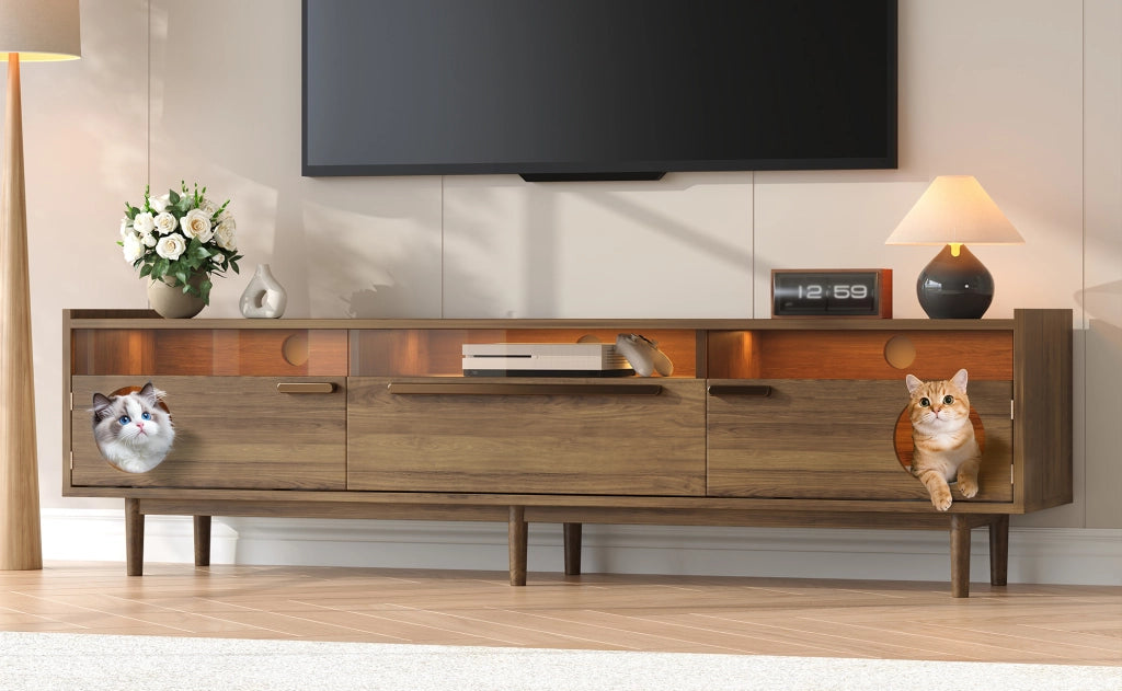 Mobile TV 180x40x50 cm con vano per gatti e illuminazione LED; MDF e vetro temperato; noce