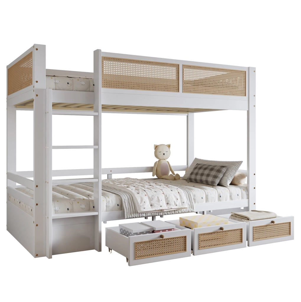 Letto a castello 90x200 cm con 3 cassetti e sponde di sicurezza; bianco e naturale
