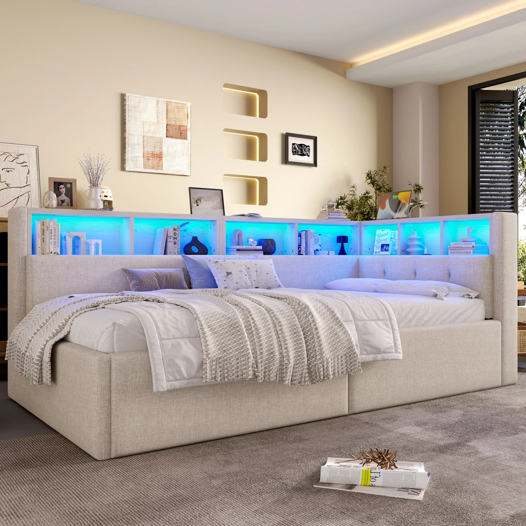 Tagesbett con funzione di stoccaggio idraulica in lino beige 90x200 cm