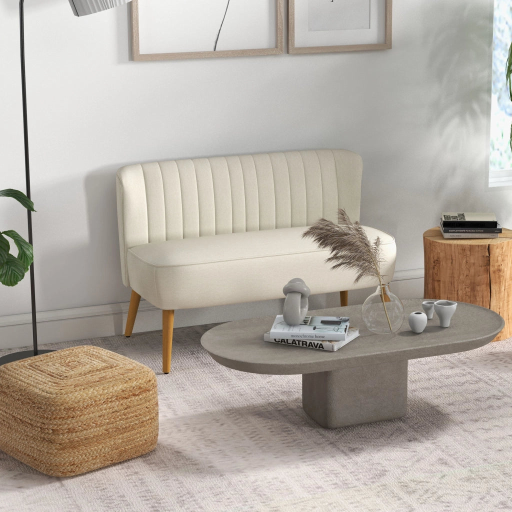 Divano 2 Posti in Tessuto Effetto Lino Senza Braccioli con Gambe in Legno, 117x56.5x77 cm, Bianco Crema