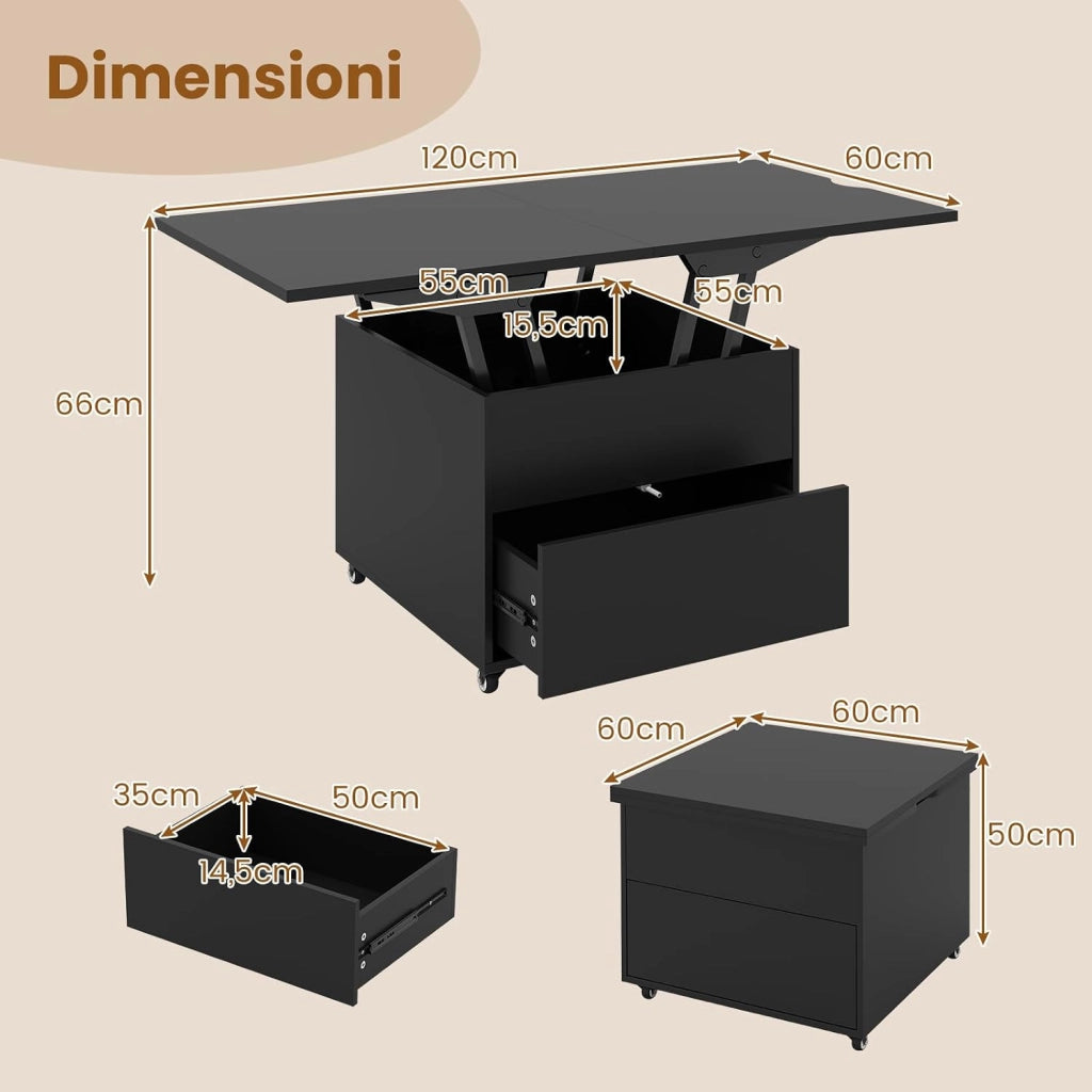 Tavolino da Caffè con Piano Sollevabile, Tavolo Moderno 3 in 1 Pieghevole con Contenitore Nascosto, Cassetto e Ruote Girevole 360°, Tavolino Versatile per Soggiorno e Ufficio (Nero)